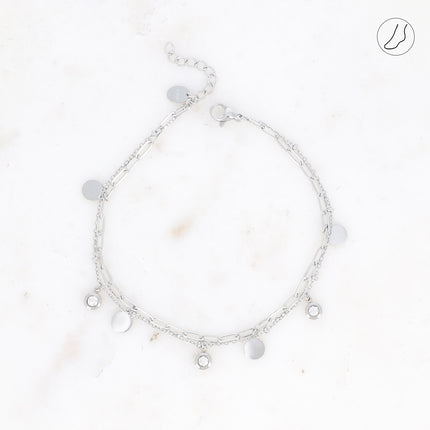 Bracelet de cheville Gemma - 2 rangs, chaînes avec cristaux et pampilles rondes plates