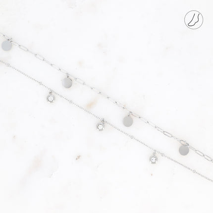 Bracelet de cheville Gemma - 2 rangs, chaînes avec cristaux et pampilles rondes plates