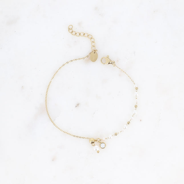 Bracelet Teodora - boule coulissante, perles de résine blanche et cristal taillé