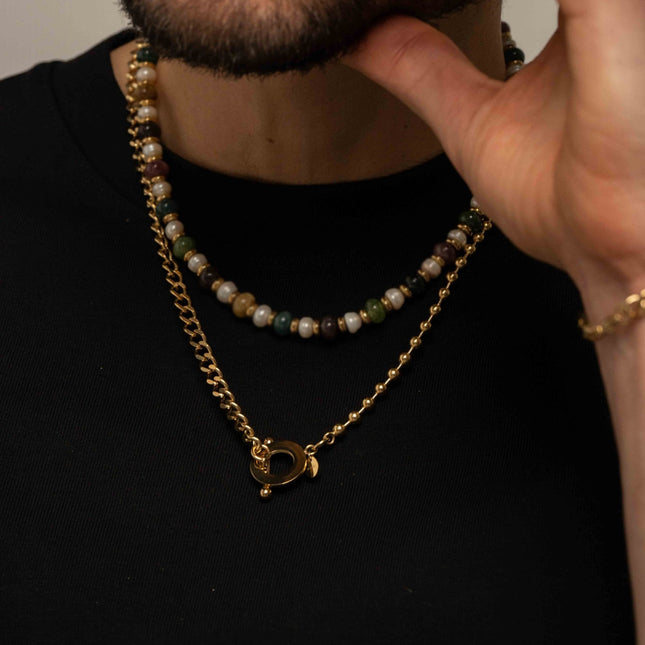 Collier Aloïs - UNISEX - 2 mailles gourmette et boules, motif fermoir cabillot 55cm
