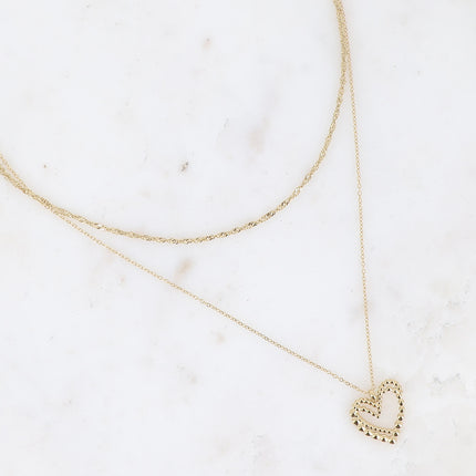 Collier multirangs - 2 rangs, maille torsadée et pendentif double coeur ajouré
