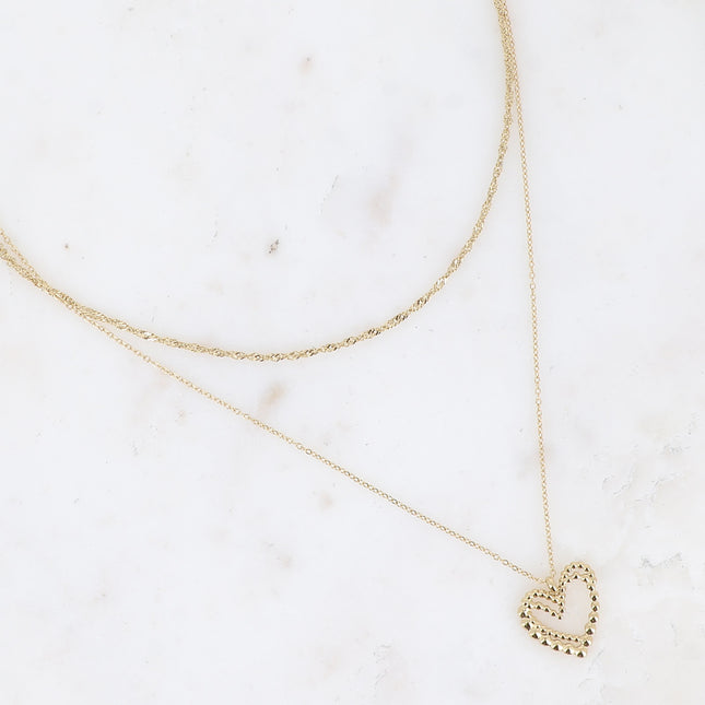 Multi-strand necklace - 2 strands, twisted chain and openwork double heart pendant