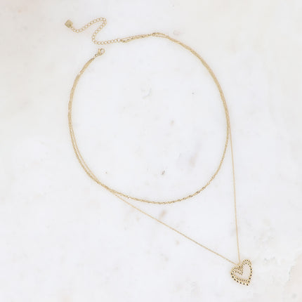 Collier multirangs - 2 rangs, maille torsadée et pendentif double coeur ajouré