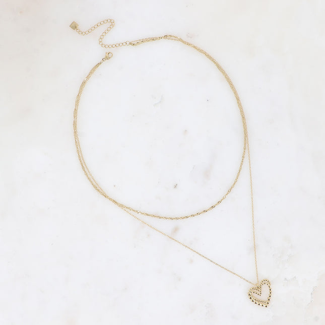 Multi-strand necklace - 2 strands, twisted chain and openwork double heart pendant