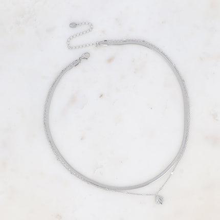 Collier 2 rangs - maille miroir et petit pendentif feuillage