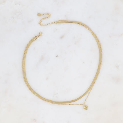 Collier 2 rangs - maille miroir et petit pendentif feuillage