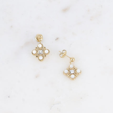 Dangle earrings - geometric pattern with natural stones and square-cut crystal