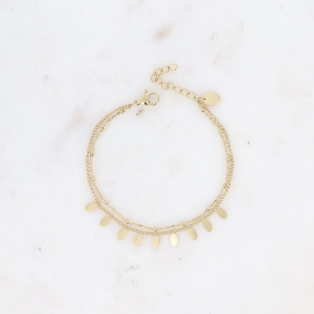Bracelet Erikoa - 2 rangs, chaîne avec boules et pampilles ovales plates