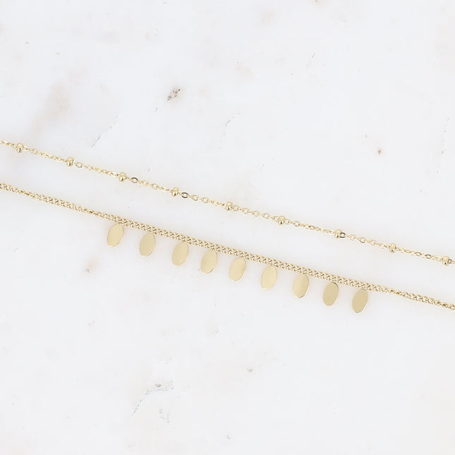 Bracelet Erikoa - 2 rangs, chaîne avec boules et pampilles ovales plates