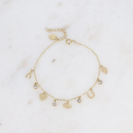 Bracelet Débora - symboles porte-bonheur (main, fer à cheval, oeil, coeur et wishbone)