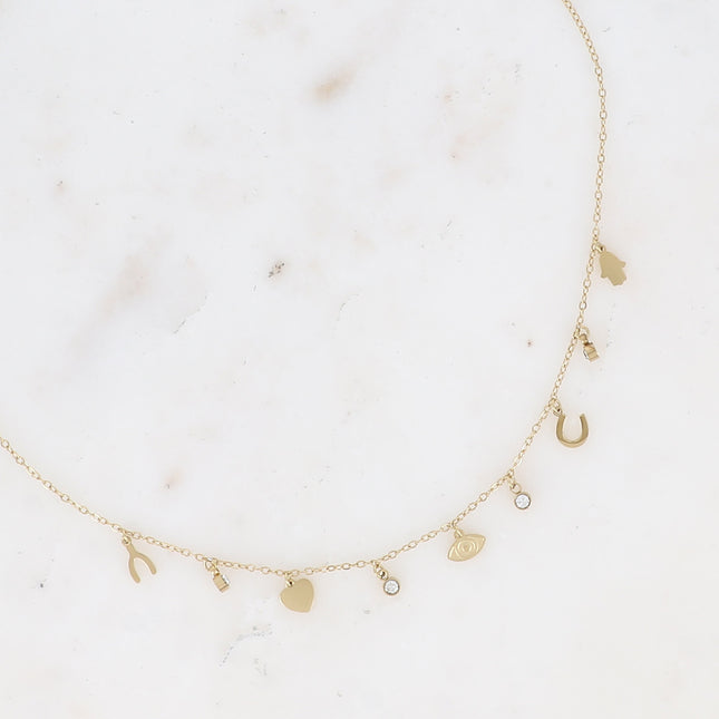 Collier Débora - symboles porte-bonheur (main, fer à cheval, oeil, coeur et wishbone)