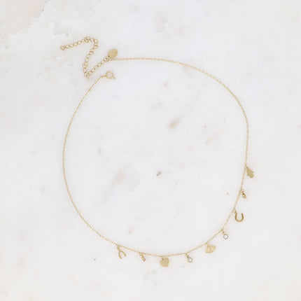 Collier Débora - symboles porte-bonheur (main, fer à cheval, oeil, coeur et wishbone)