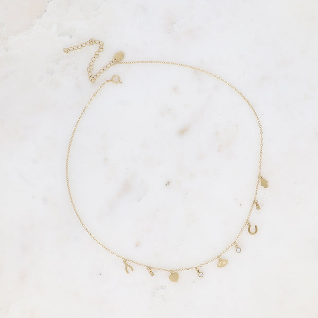 Collier Débora - symboles porte-bonheur (main, fer à cheval, oeil, coeur et wishbone)
