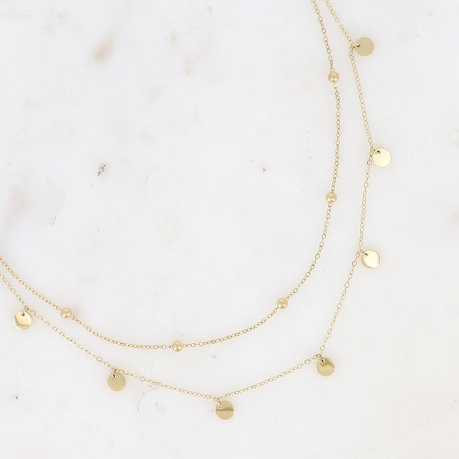 Ivanne multi-strand necklace - 2 strands, chains with balls and flat round tassels