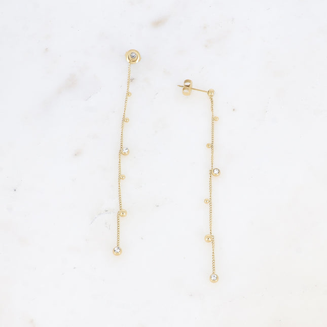 Boucles pendantes Teyssa - chaîne pendante, boules et cristaux taillés