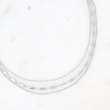 Collier multirangs - 3 rangs, mailles forçat, rectangulaires et boules