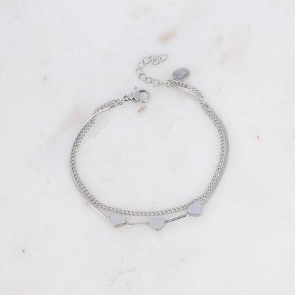 Multi-strand bracelet - 2 strands, mirror mesh with 3 hearts and curb chain