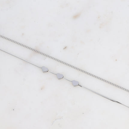 Multi-strand bracelet - 2 strands, mirror mesh with 3 hearts and curb chain