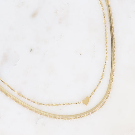 Collier multirangs - 3 rangs, mailles gourmette, miroir, forçat avec coeur