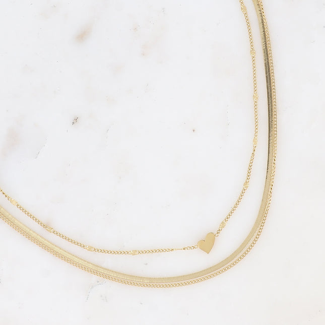 Multi-strand necklace - 3 strands, curb chain, mirror, cable chain with heart