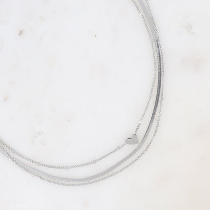 Collier multirangs - 3 rangs, mailles gourmette, miroir, forçat avec coeur