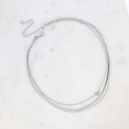 Collier multirangs - 3 rangs, mailles gourmette, miroir, forçat avec coeur