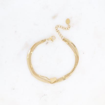 Bracelet multirangs - 3 rangs, mailles gourmette, miroir, forçat avec coeur