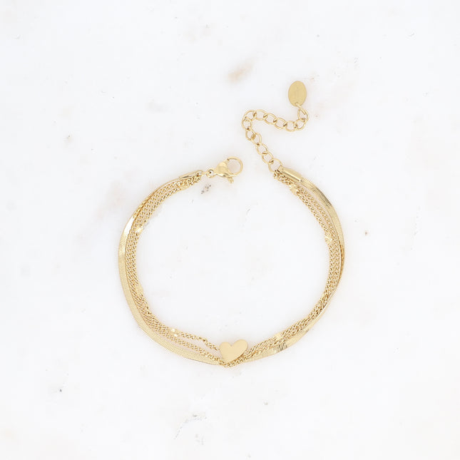 Bracelet multirangs - 3 rangs, mailles gourmette, miroir, forçat avec coeur