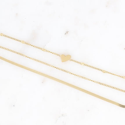 Bracelet multirangs - 3 rangs, mailles gourmette, miroir, forçat avec coeur