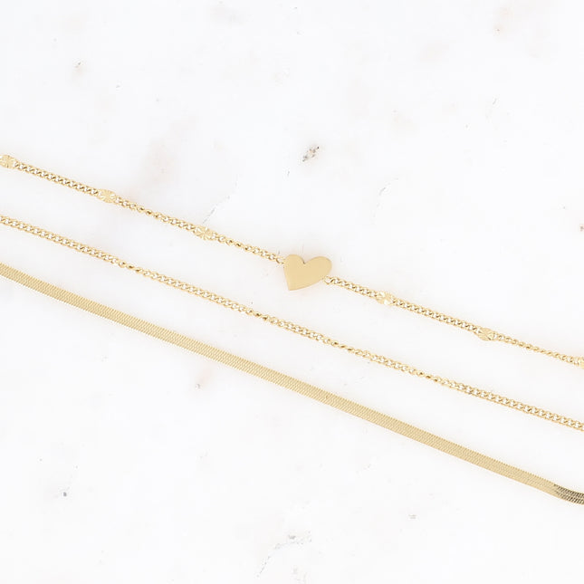Bracelet multirangs - 3 rangs, mailles gourmette, miroir, forçat avec coeur