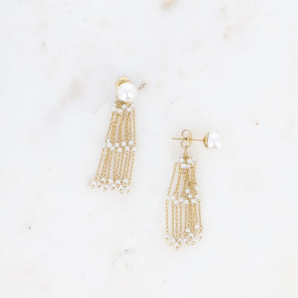 Teodora stud earrings - white resin ball and fine chains with white resin beads attached to a butterfly clasp