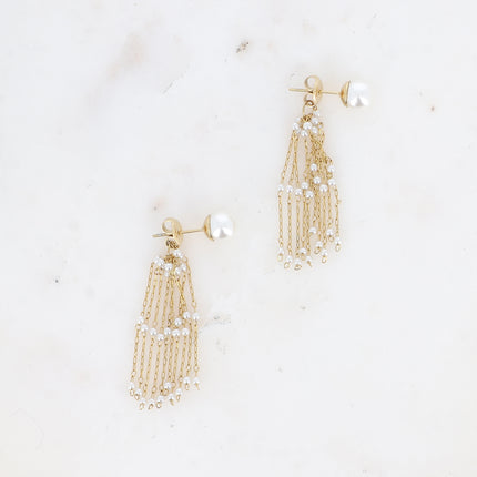 Teodora stud earrings - white resin ball and fine chains with white resin beads attached to a butterfly clasp