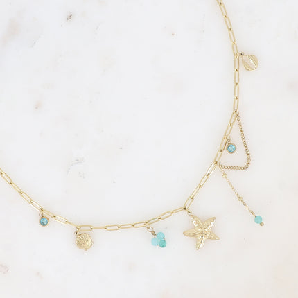 Collier Arya - perles de résine/pierres naturelles, cauri, coquillage, cristaux et étoile de mer