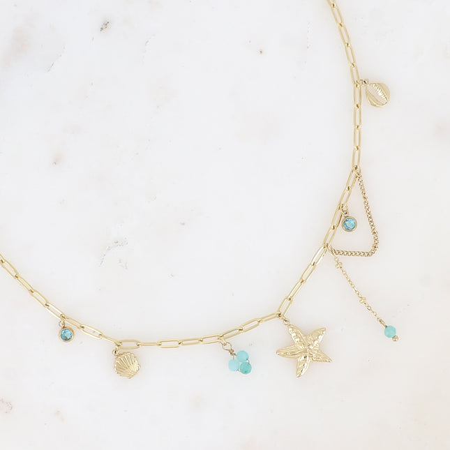 Arya Necklace - resin beads/natural stones, cowrie, seashell, crystals and starfish