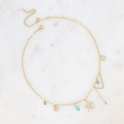 Collier Arya - perles de résine/pierres naturelles, cauri, coquillage, cristaux et étoile de mer