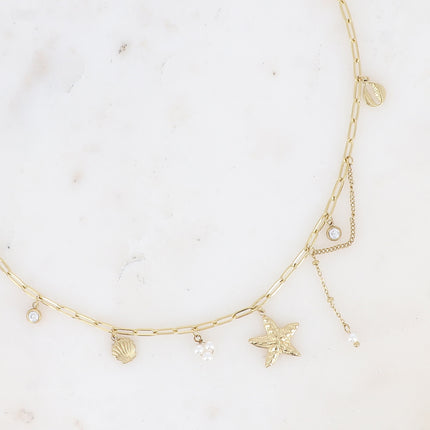 Collier Arya - perles de résine/pierres naturelles, cauri, coquillage, cristaux et étoile de mer