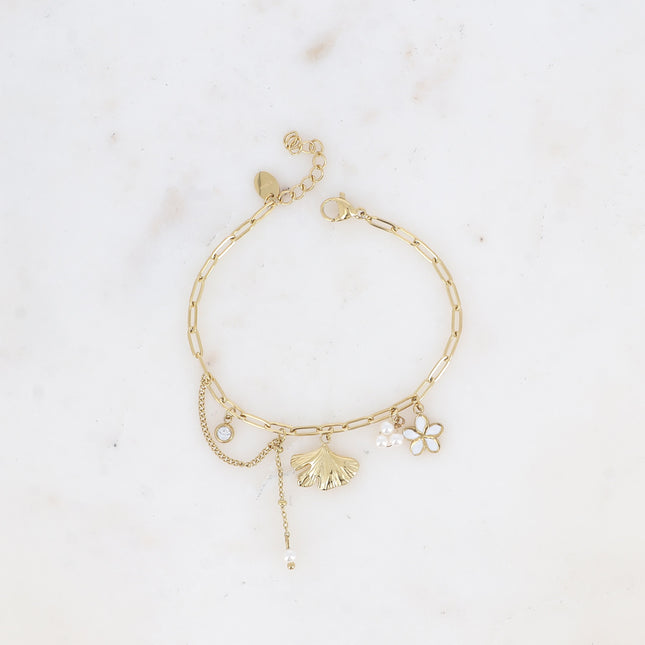 Bracelet Suzanne - perles de résine, fleur émaillée, ginko