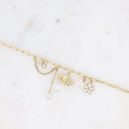 Suzanne bracelet - resin beads, enameled flower, ginkgo