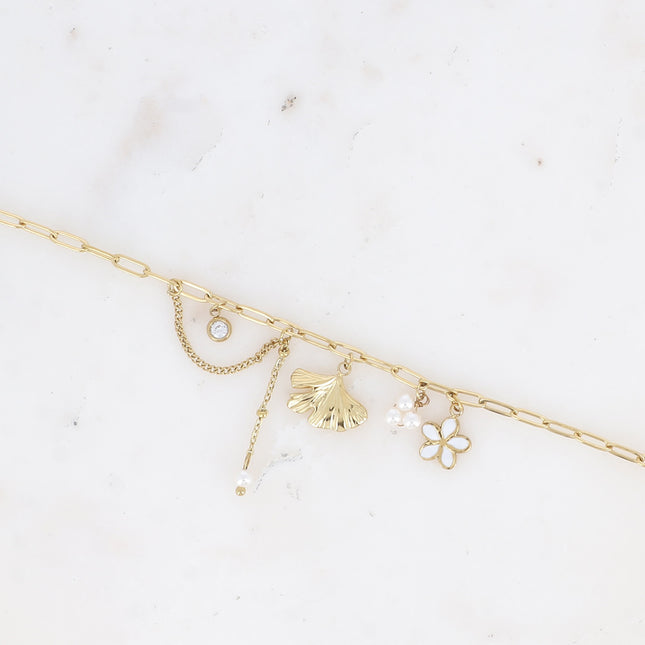 Bracelet Suzanne - perles de résine, fleur émaillée, ginko