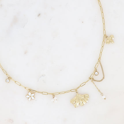 Suzanne necklace - resin pearls/natural stones, enameled flower, ginkgo, bee