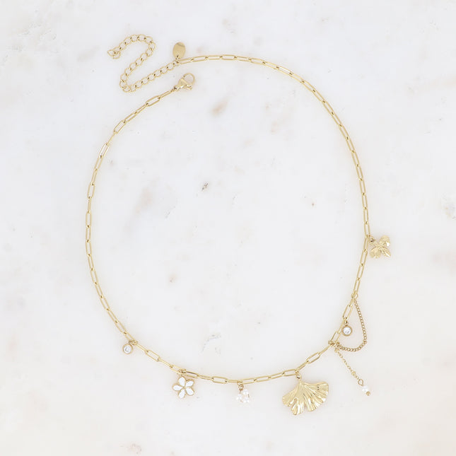 Collier Suzanne - perles de résine/pierres naturelles, fleur émaillée, ginko, abeille