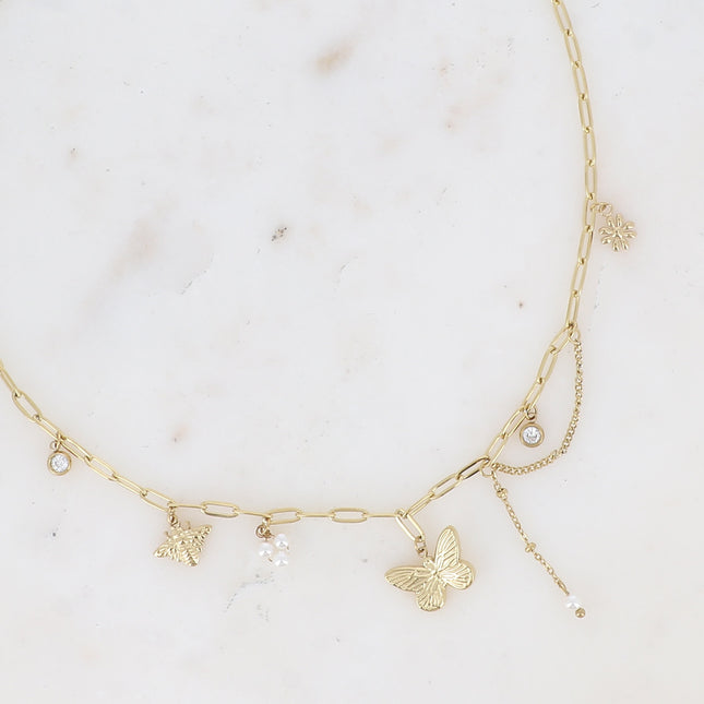 Collier Alicia - perles de résine/pierres naturelles, cristaux, fleur, abeille et papillon