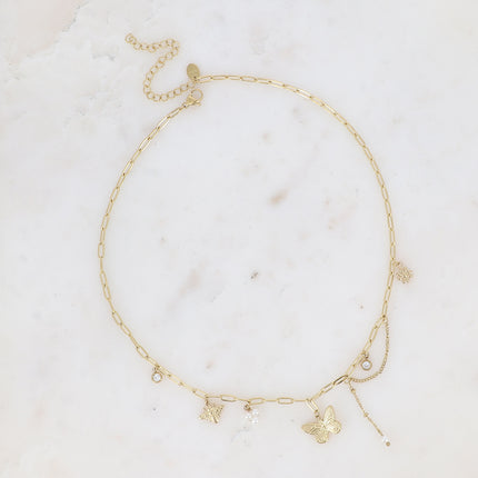 Collier Alicia - perles de résine/pierres naturelles, cristaux, fleur, abeille et papillon