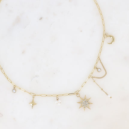 Collier Adrienne - perles de résine/pierres naturelles, cristaux, lune, étoile du Nord et oxydes de zirconium