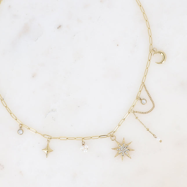 Collier Adrienne - perles de résine/pierres naturelles, cristaux, lune, étoile du Nord et oxydes de zirconium