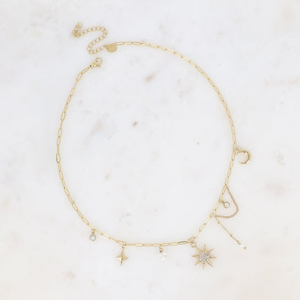 Collier Adrienne - perles de résine/pierres naturelles, cristaux, lune, étoile du Nord et oxydes de zirconium