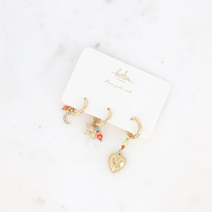Set of 3 Saffiya hoop earrings - moon, star and textured heart
