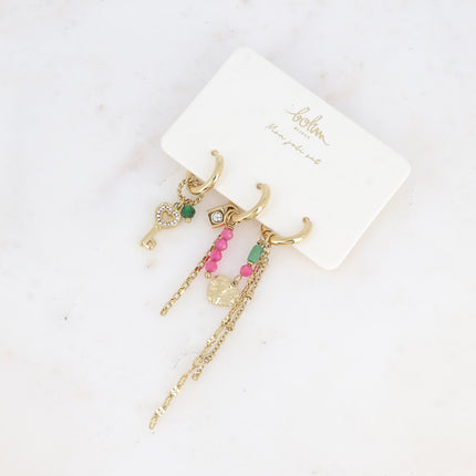 Set de 3 créoles Shahinez - clef coeur, cadenas et coeur texturé