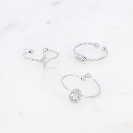 Set de 3 bagues Mallia - étoile du Nord, cristal goutte et 3 boules