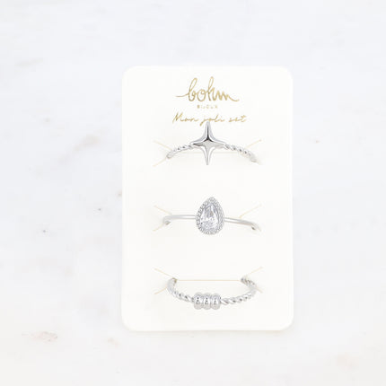 Set de 3 bagues Mallia - étoile du Nord, cristal goutte et 3 boules